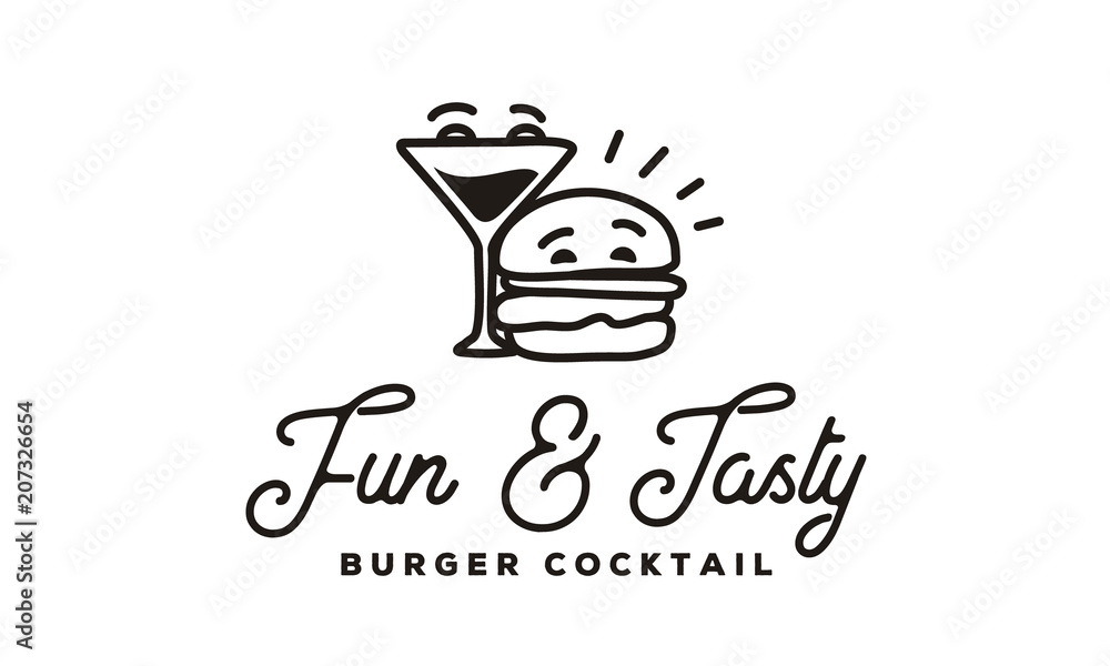 Funny Burger and Cocktail logo design inspiration with Hipster Line Art Drawing style Funny Burger and Cocktail logo design inspiration with Hipster Line Art Drawing style