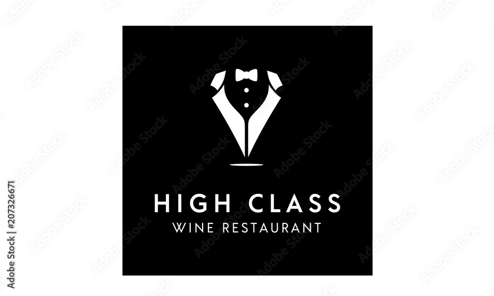 Tuxedo Waiter Suit Bowtie with Wine Bottle for Luxury Dinner Restaurant Logo design Tuxedo Waiter Suit Bowtie with Wine Bottle for Luxury Dinner Restaurant Logo design
