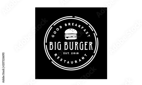 Vintage Ham Beef Cheese Patty Burger for Fast Food Restaurant Retro logo design with Hipster Drawing style 