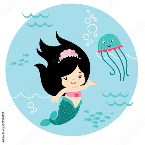 Cute Little Kawaii Style Black Hair Mermaid Underwater with Jelly Fish Circle Design Isolated on White Vector Illustration