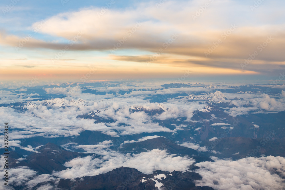 Aerial view of snowy Andes mountains near Cusco, in Peru