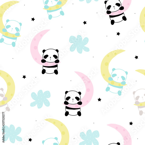 Cute little panda sleep on the moon seamless pattern. Vector hand drawn illustration.