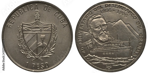 Cuba Cuban coin 1 one peso 1996, arms, shield, 40th anniversary of guerillas disembarkation for Granma yacht, ship in front of mountains, Fidel Castro bust at top left, 