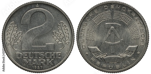 East Germany coin 2 two mark 1957, large figure of denomination flanked by oak leaves, compass and hammer within stylized wreath of ears with long awns, aluminum, photo