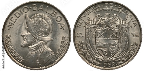Panama silver coin 1/2 half balboa 1962, bust of Balboa in cuirass and helmet, arms, shield, flags, eagle, flanked by purity and weight,