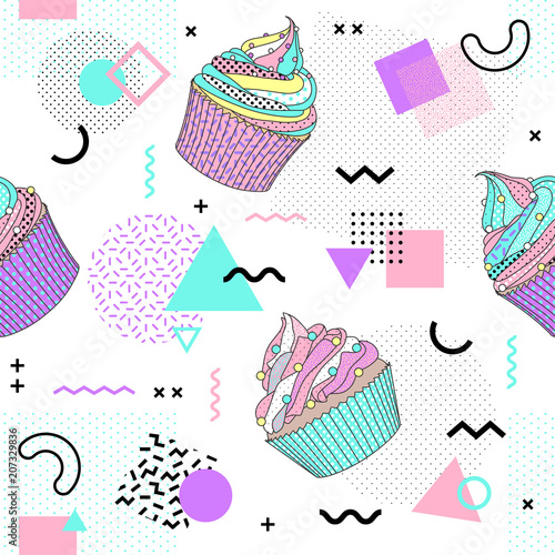 Memphis seamless pattern with cup cake and geometric different shapes colorful 80's-90's style. Vector Illustration