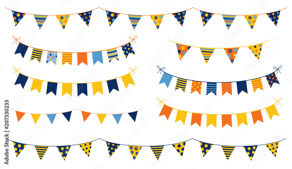 Festive and cheerful vector buntings with colorful flags with dots and stripes for kid birthdays, parties and other celebrations - obrazy, fototapety, plakaty 
