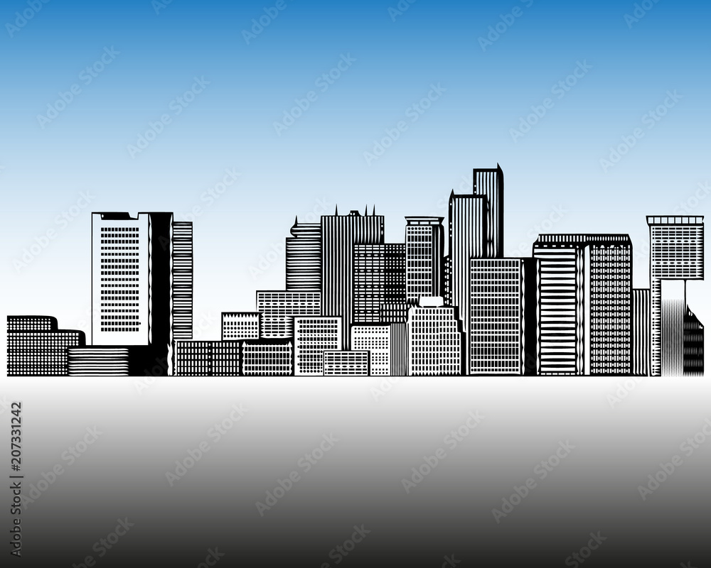 City landscape template. Thin line City landscape. Downtown landscape with high skyscrapers. Panorama architecture.
