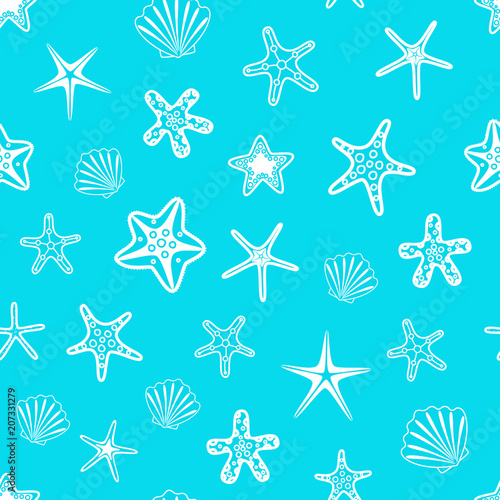 Seamless pattern with seashells and starfishes on blue background. Vector illustration