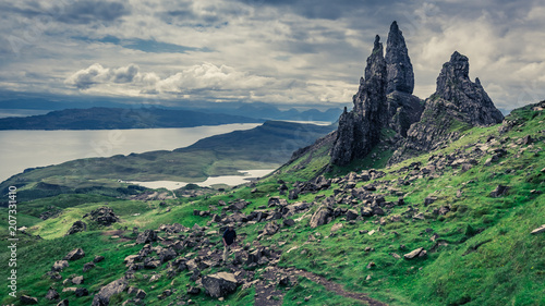 Green Old Man of Storr, Skye in cloudy day