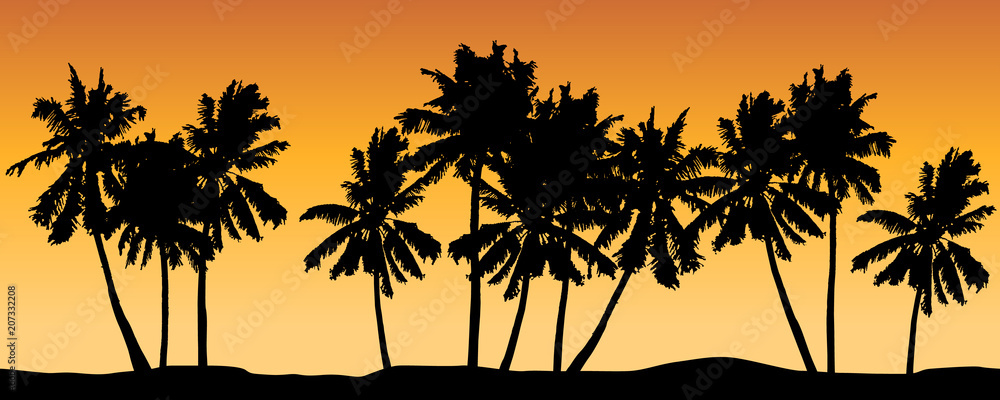 Seamless vector with palm trees and orange shaded background.