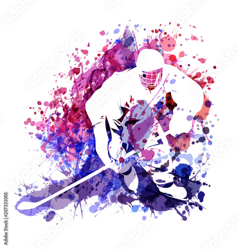 Vector watercolor illustration of hockey player