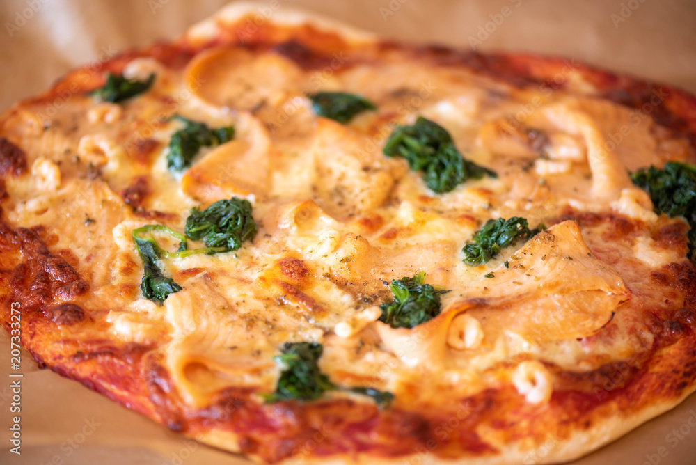 fresh Pizza with Salmon and Spinach 