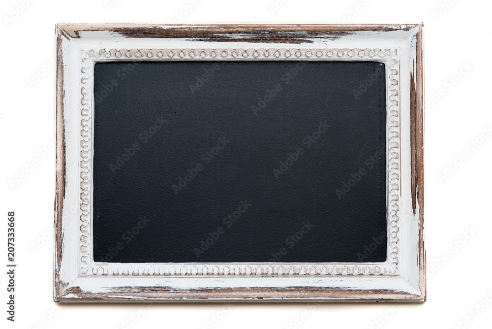 Fototapeta premium Chalkboard with Distressed white painted picture frame. Weathered white timber