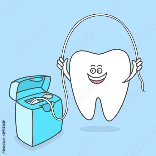 Cartoon tooth with dental floss. Teeth care concept and hygiene. Dental vector illustration for kids. Funny molar tooth plaing a rope. Dentisty poster for children.