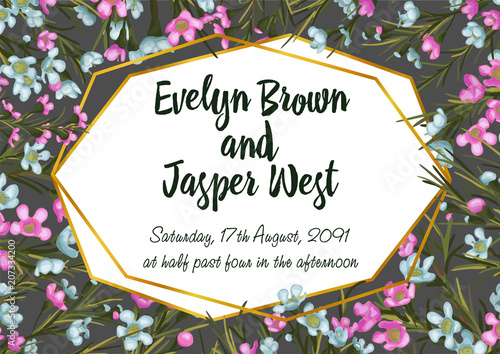 floral Wedding Invitation save the date card rustic invite card vector Design: pink and blue wax flowers (chamelaucium), green leaves greenery bouquet print frame