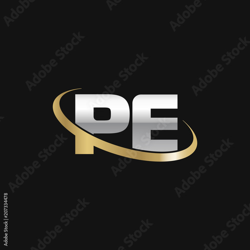 Initial letter PE, overlapping swoosh ring logo, silver gold color on black background