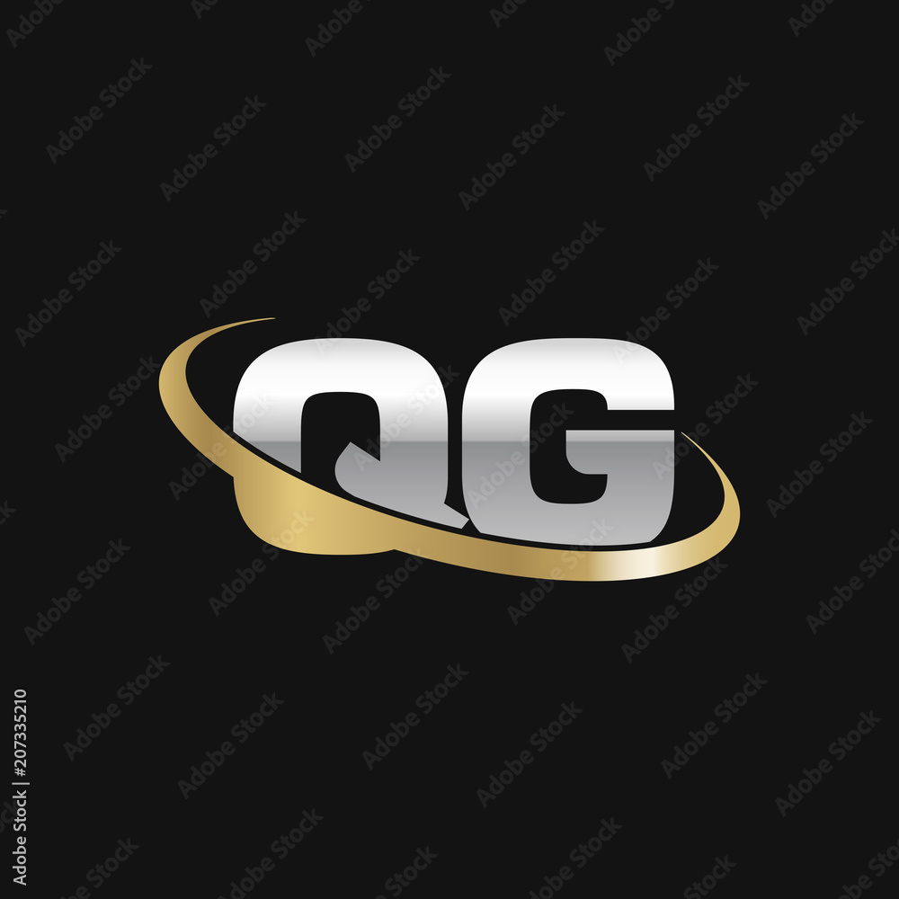 Initial letter QG, overlapping swoosh ring logo, silver gold color on black background Initial letter QG, overlapping swoosh ring logo, silver gold color on black background