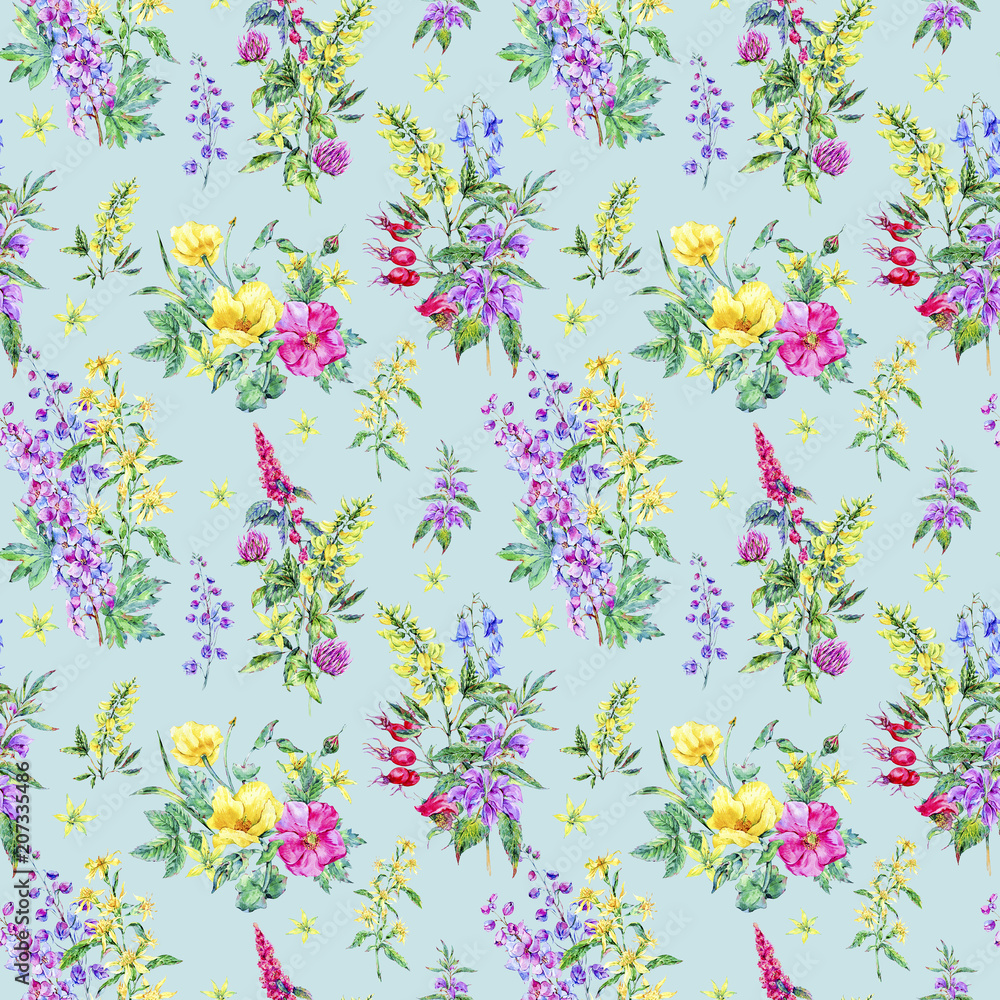 Watercolor summer seamless pattern of medicinal flowers Watercolor summer seamless pattern of medicinal flowers