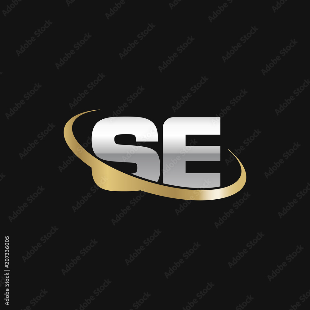 Initial letter SE, overlapping swoosh ring logo, silver gold color on black background Initial letter SE, overlapping swoosh ring logo, silver gold color on black background