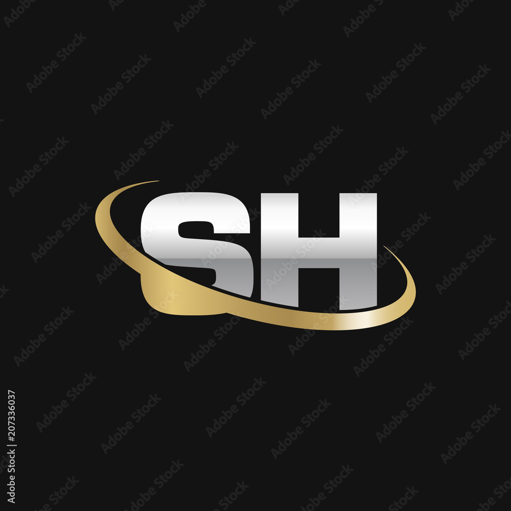 Initial letter SH, overlapping swoosh ring logo, silver gold color on black background Initial letter SH, overlapping swoosh ring logo, silver gold color on black background