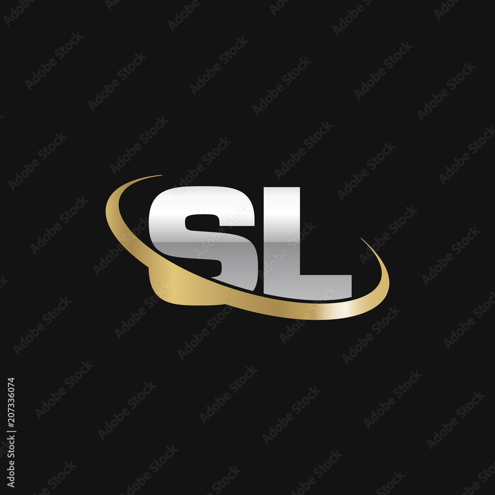 Initial letter SL, overlapping swoosh ring logo, silver gold color on black background Initial letter SL, overlapping swoosh ring logo, silver gold color on black background