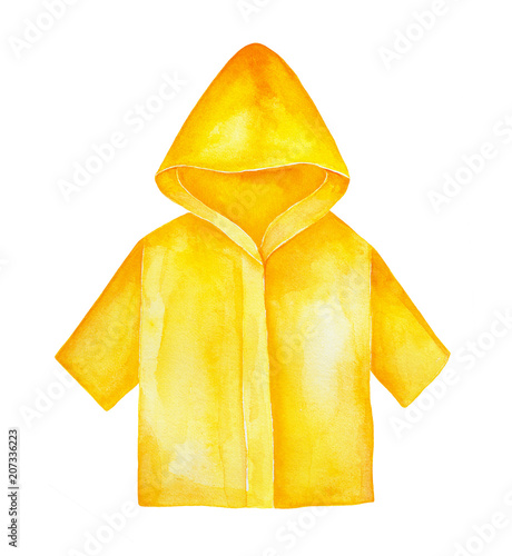 Yellow raincoat with hood and sleeves to wear outdoors in bad rainy weather. Bright and stylish. Hand drawn water color graphic painting on white background, isolated. Beautiful clip art for design.