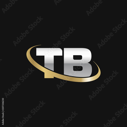 Initial letter TB, overlapping swoosh ring logo, silver gold color on black background