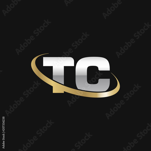 Initial letter TC, overlapping swoosh ring logo, silver gold color on black background