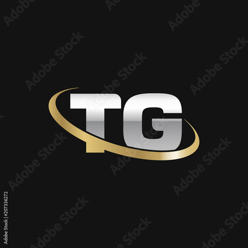 Initial letter TG, overlapping swoosh ring logo, silver gold color on black background