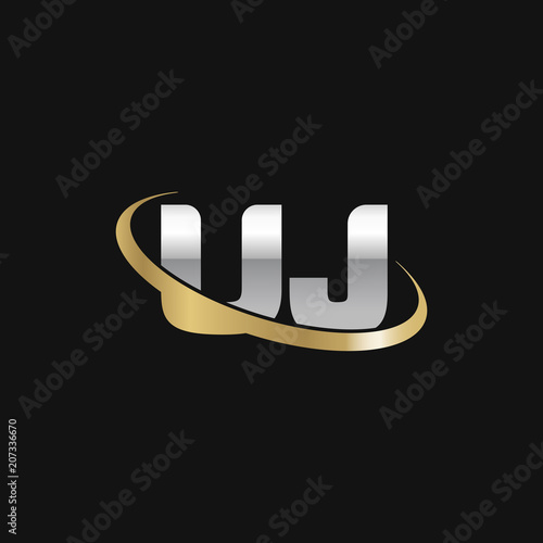 Initial letter UJ, overlapping swoosh ring logo, silver gold color on black background