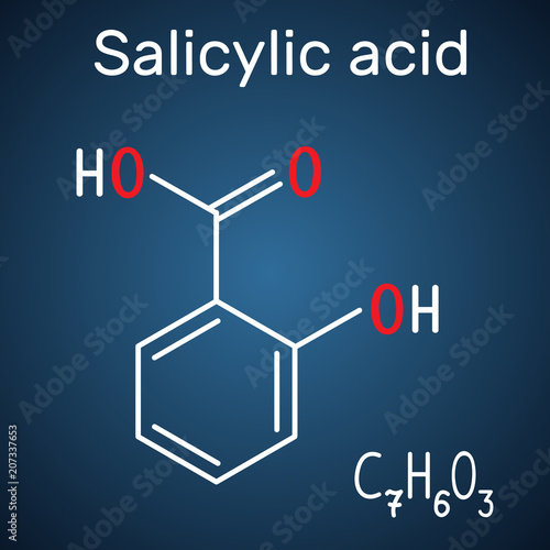 Salicylic acid molecule. It is a type of phenolic acid. Structural chemical formula and molecule model on the dark blue background
