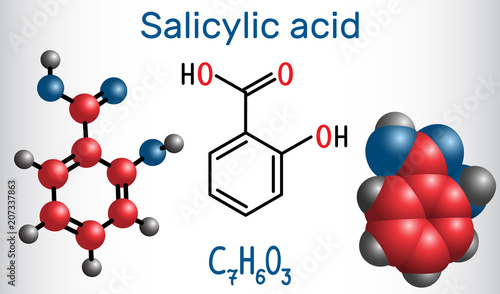 Salicylic acid molecule. It is a type of phenolic acid. Structural chemical formula and molecule model photo