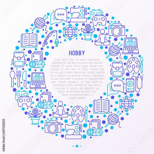 Hobby concept in circle with thin line icons: reading, gaming, gardening, photography, cooking, sewing, fishing, hiking, yoga, music, travelling. Modern vector illustration, web page template.