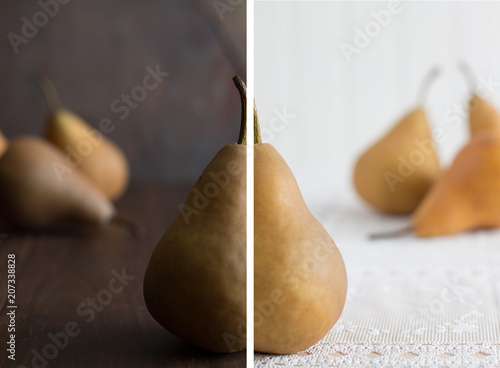 Vászonkép A side by side still life of pears in a low key and high key setting