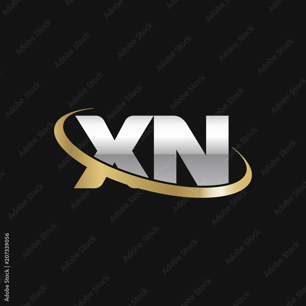 Initial letter XN, overlapping swoosh ring logo, silver gold color on black background Initial letter XN, overlapping swoosh ring logo, silver gold color on black background