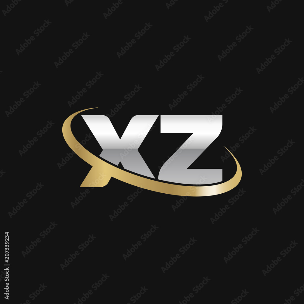 Initial letter XZ, overlapping swoosh ring logo, silver gold color on black background Initial letter XZ, overlapping swoosh ring logo, silver gold color on black background