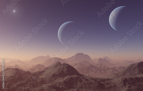 Fototapeta Naklejka Na Ścianę i Meble -  3d rendered Space Art: Alien Planet - A Fantasy Landscape with two moons