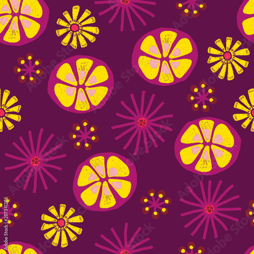 Retro flowers meadow purple violet pink yellow seamless pattern. Perfect for fabric, stationery, and paper projects.