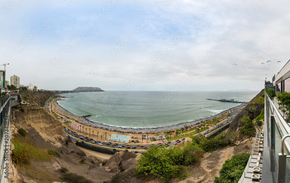 Panoramic view of the Peruvian coast, from Miraflores district in Lima, Peru