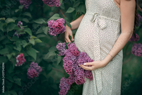 Young pregnant woman in a light white dress is holding her hands behind her stomach against a background of lilac flowers