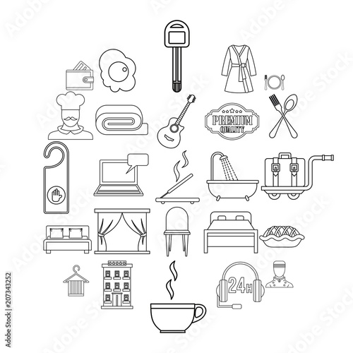 Hostel icons set. Outline set of 25 hostel vector icons for web isolated on white background