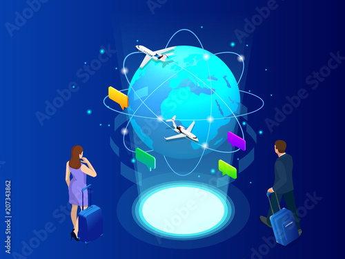 Isometric web banner businesswomen hold Luggage business trip. Travel to World. Road trip. Tourism. Landmarks on the globe. Concept website template. Vector illustration.