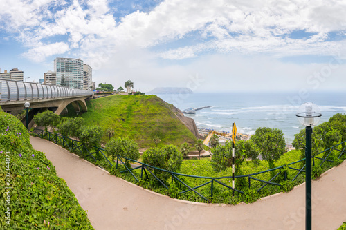 Panoramic view of Miraflores district parks and Villena Rey Bridge  in Lima Peru