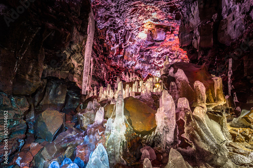 Raufarholshellir - May 04, 2018: Ice crystals inside the Raufarholshellir lava tunnels, Iceland photo