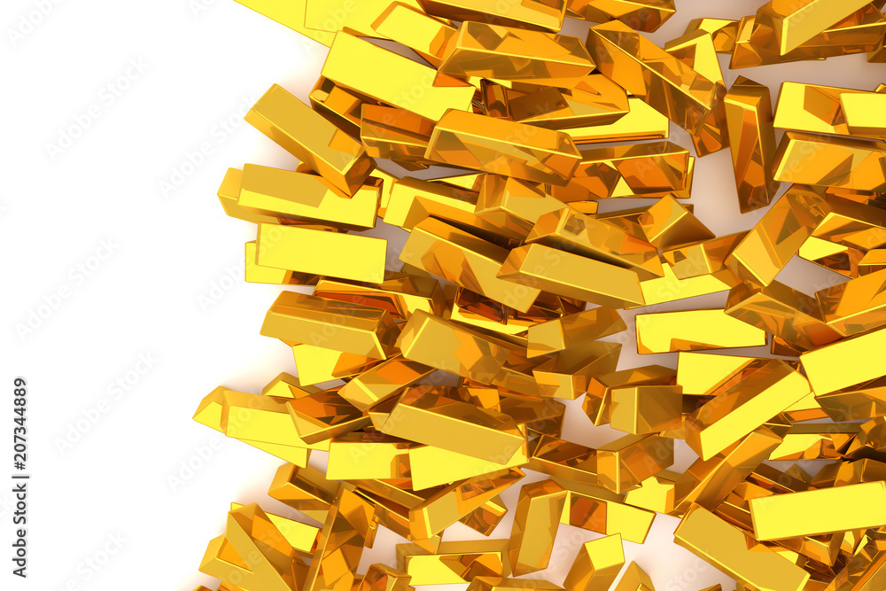 Bunch or pile of gold bars or brick, modern style background or texture. Creative, money, surface & concept.