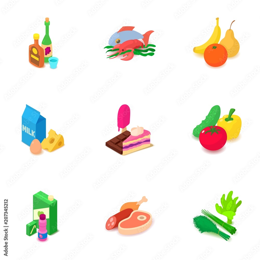 Restaurant dinner icons set. Isometric set of 9 restaurant dinner vector icons for web isolated on white background