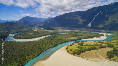 Panoramic aerial view of the river Puelo going down through the Patagonian valleys, South of Chile