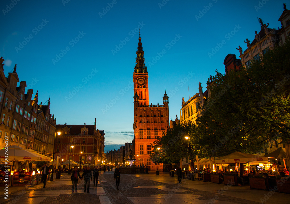 Old town of Gdansk with city hall at night, Poland