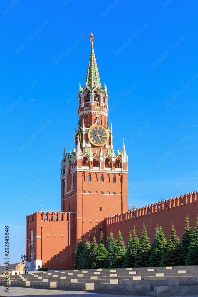 Tribunes on the background of Spasskaya tower of Moscow Kremlin on Red square
